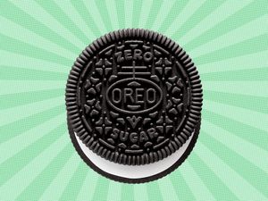 An Oreo cookie marked with zero sugar text on a green radial background