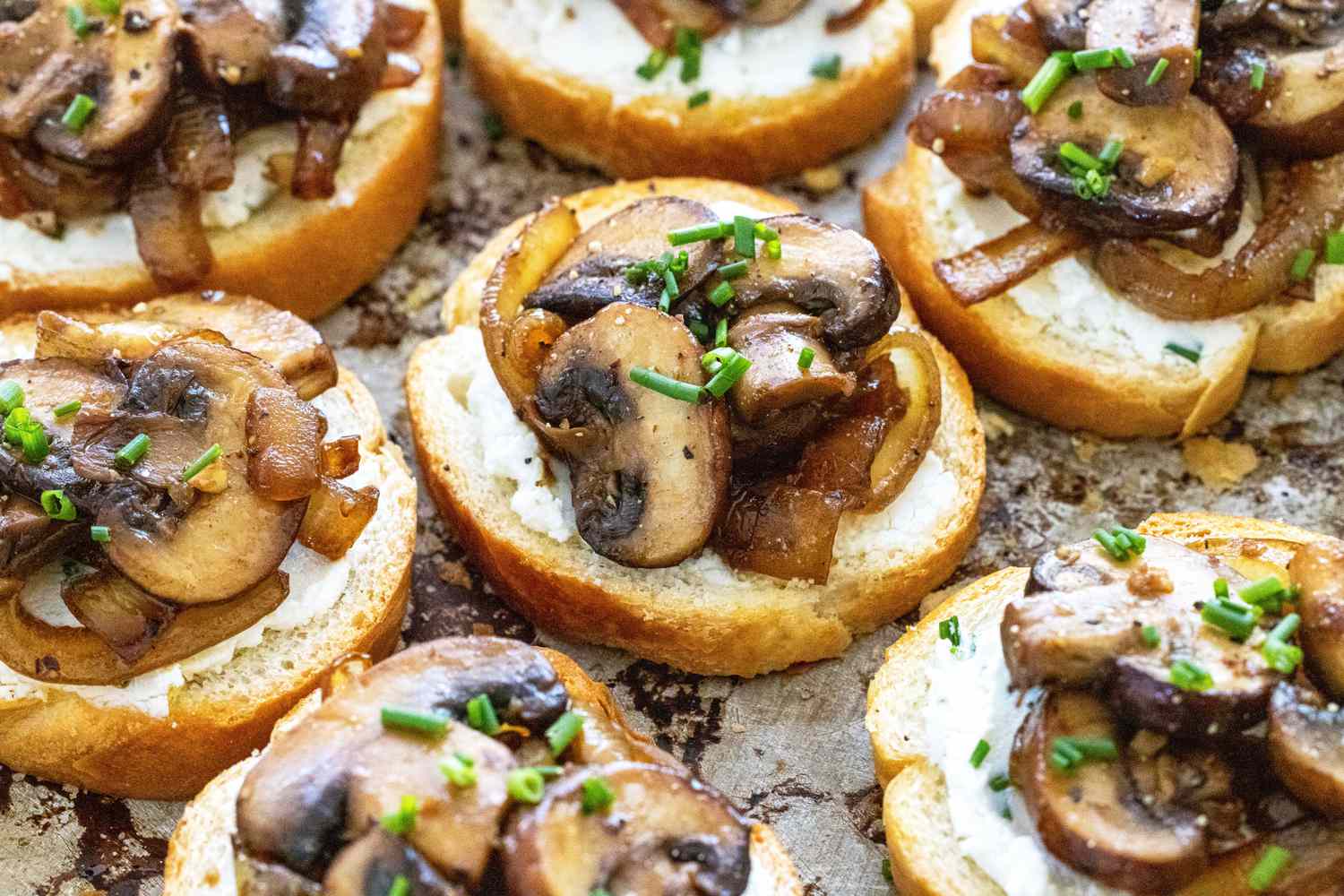Close up of an overhead view of mushroom and caramelized onion crostini.