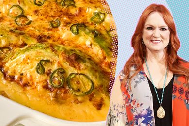 A split image of Ree Drummond and a baked creamy cabbage dish styled together