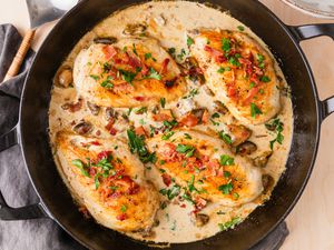 overhead view of Chicken Supreme in a large cast iron skillet