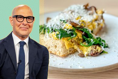 A split image of Stanley Tucci and a toast topped with scrambled eggs, spinach, mushroom and cheese on a plage