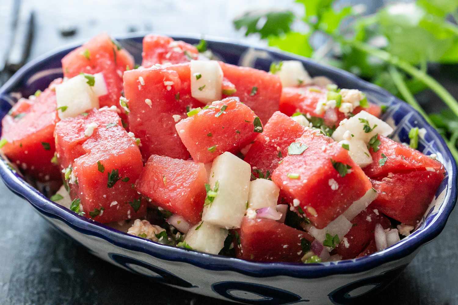 Bowl of Watermelon Salad With Cotija, Jicama, and Lime