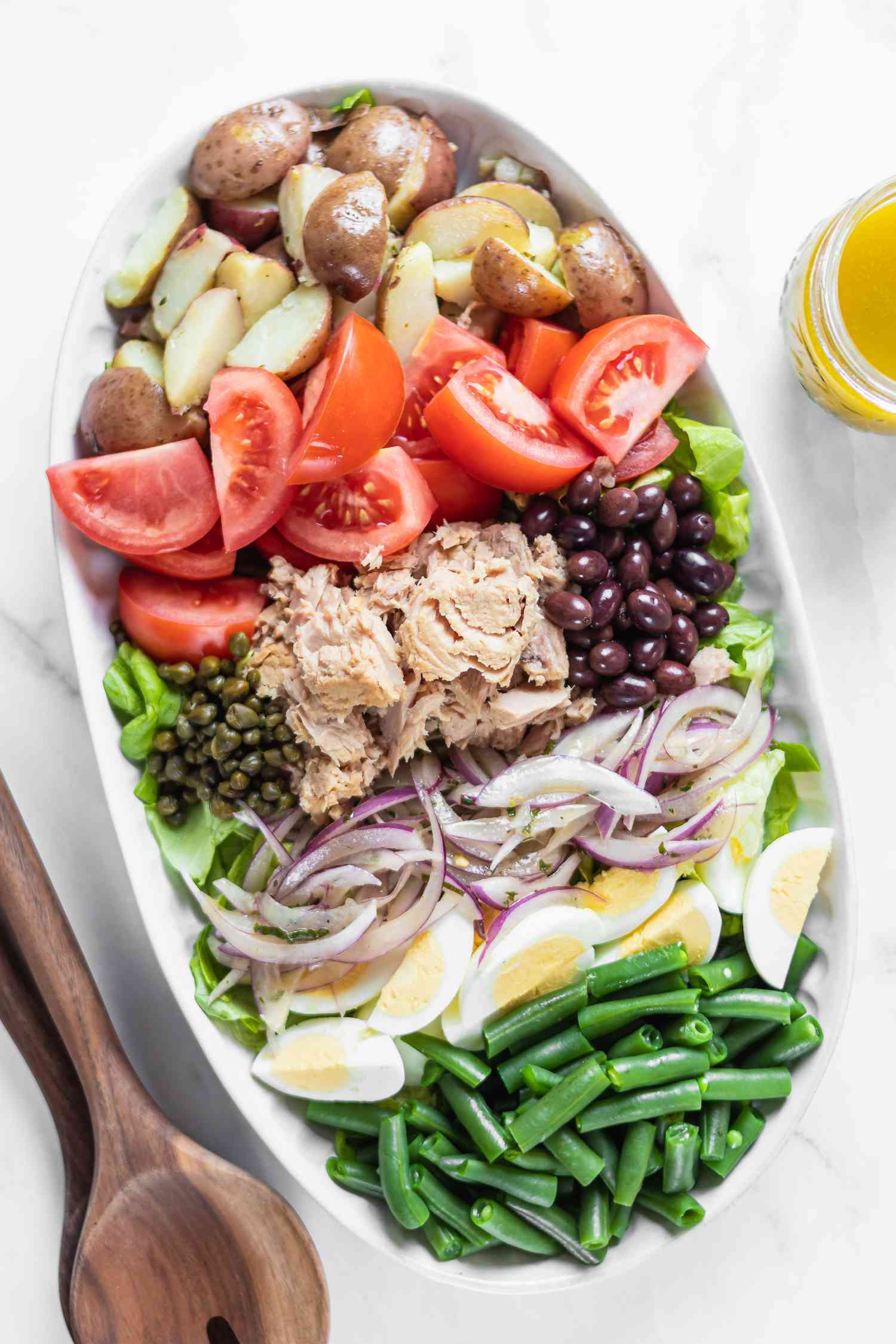 Overhead view of a salade nicoise.