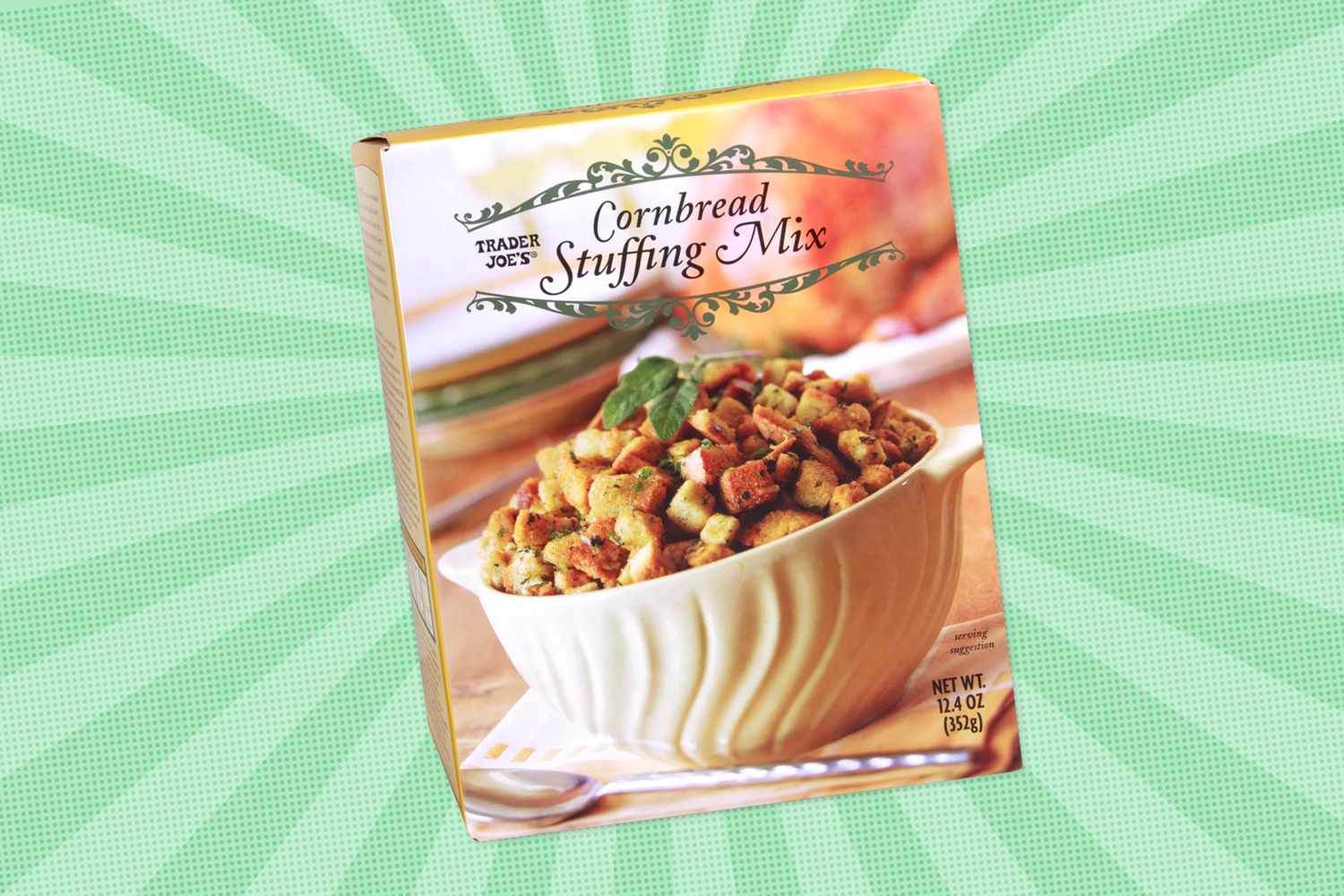 Trader Joes Cornbread Stuffing Mix box displaying a prepared stuffing in a bowl