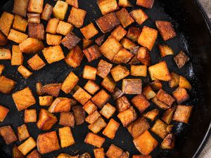 Dinner Style Breakfast Potatoes in a cast iron skillet from above