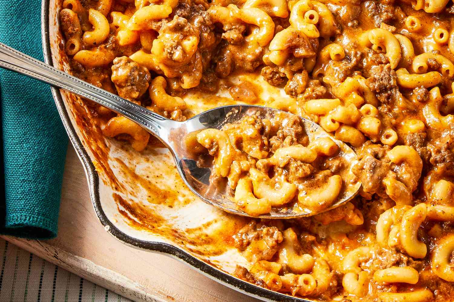 close-up: homemade hamburger helper in a skillet