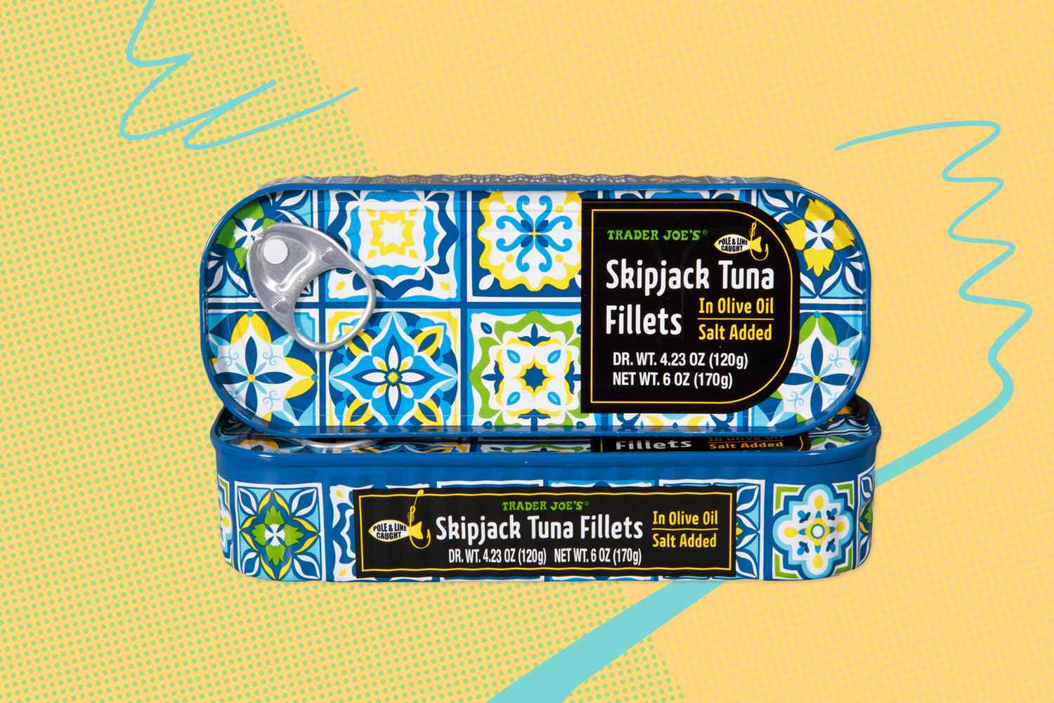 Cans of Trader Joe's Skipjack Tuna Fillets stacked on a colorful background