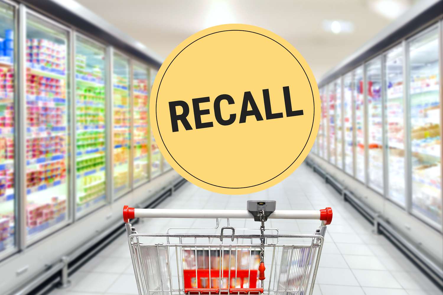Supermarket aisle with a recall label overlay showing a shopping cart and refrigerated display cases