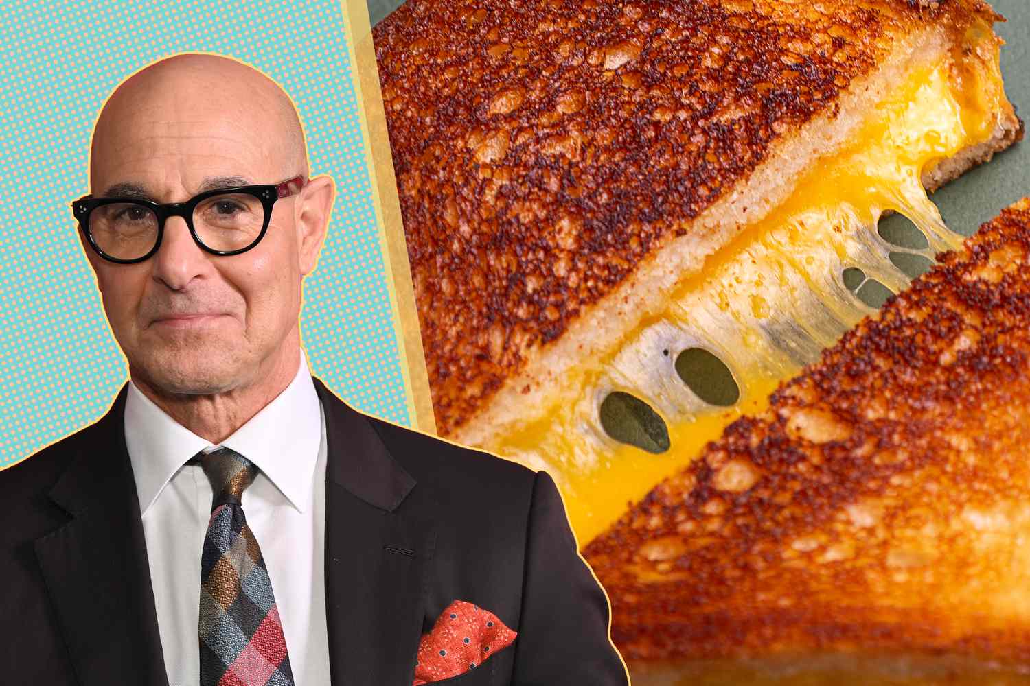 Stanley Tucci next to a close-up of a grilled cheese sandwich being pulled apart to show a cheese-pull