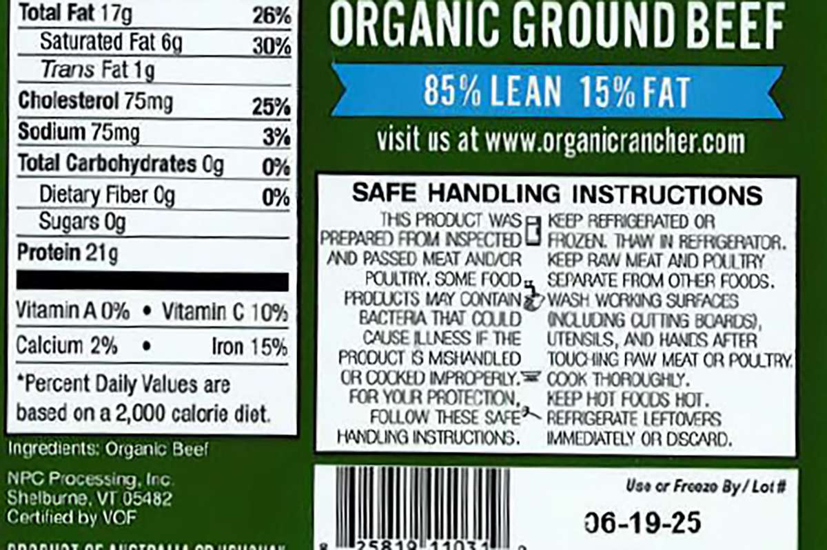 Packaging label for organic ground beef from Organic Rancher, 85% lean, 15% fat, with text detailing safe handling and nutrition facts