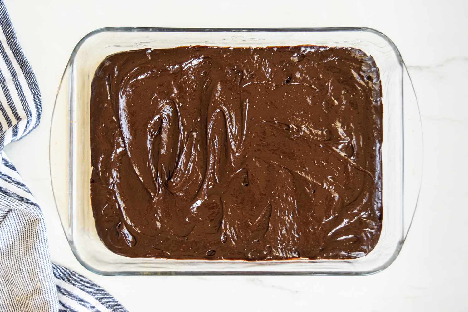 Chocolate Mayonnaise Sheet Cake Batter in a 9x13 Baking Pan