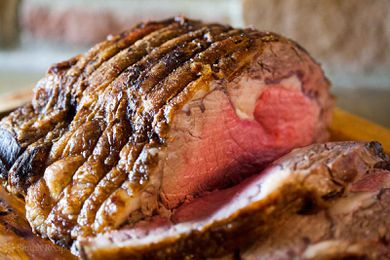 Sliced prime rib roast on a platter