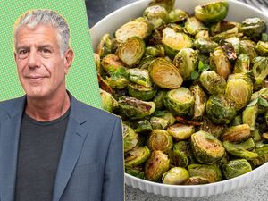 A split image of Anthony Bourdain and a bowl of Brussels sprouts