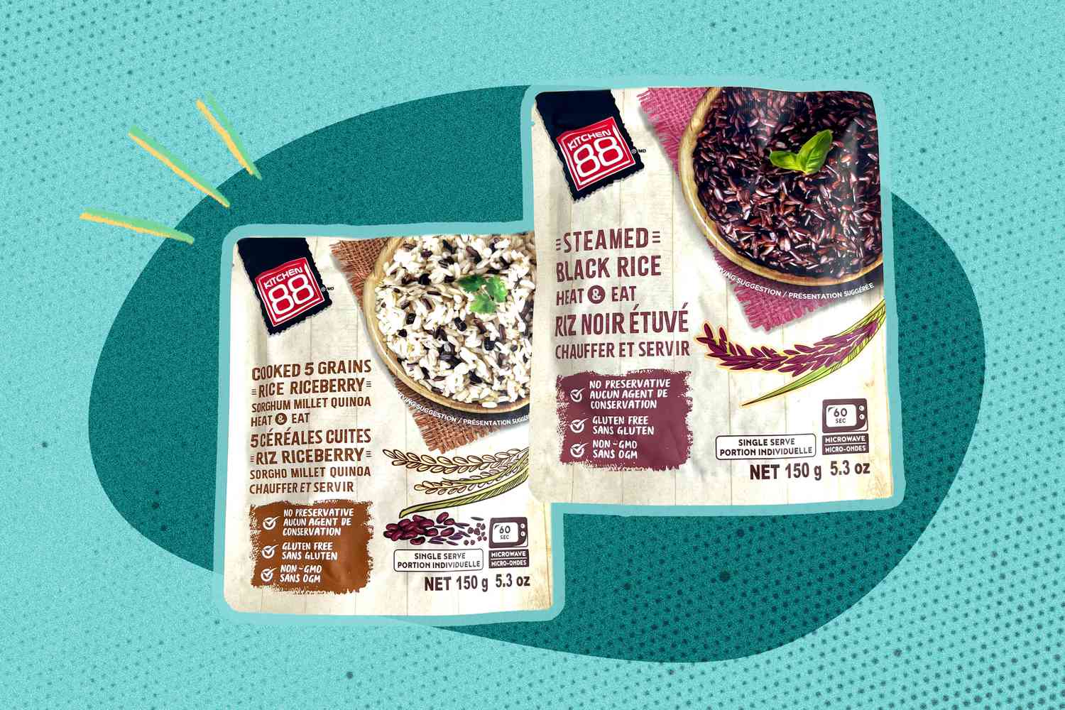 Heat and Eat Rice packets over a colorful background