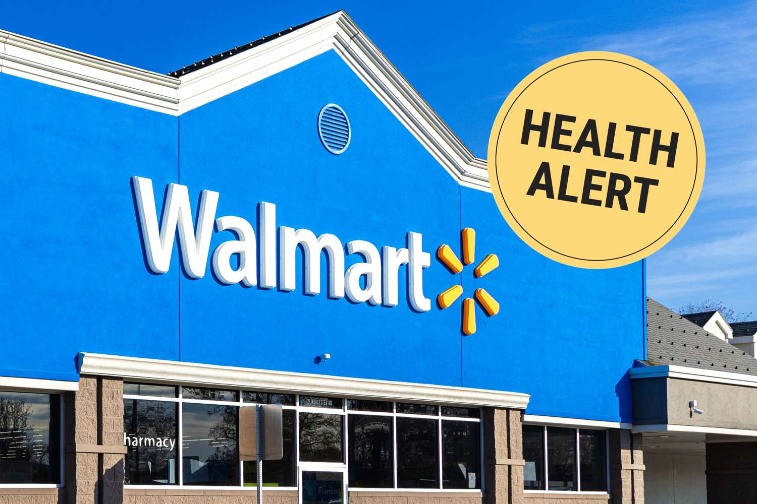 Exterior of a Walmart store health alert sign overlay