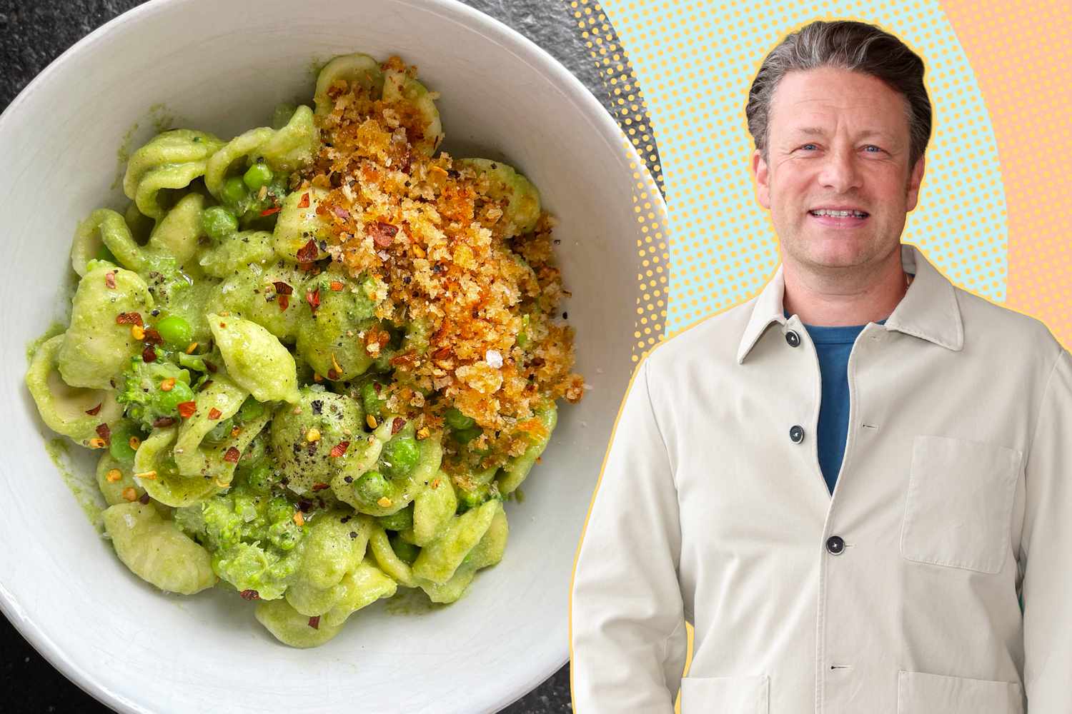 Jamie Oliver posed next to a bowl of green orecchiette pasta topped with breadcrumbs