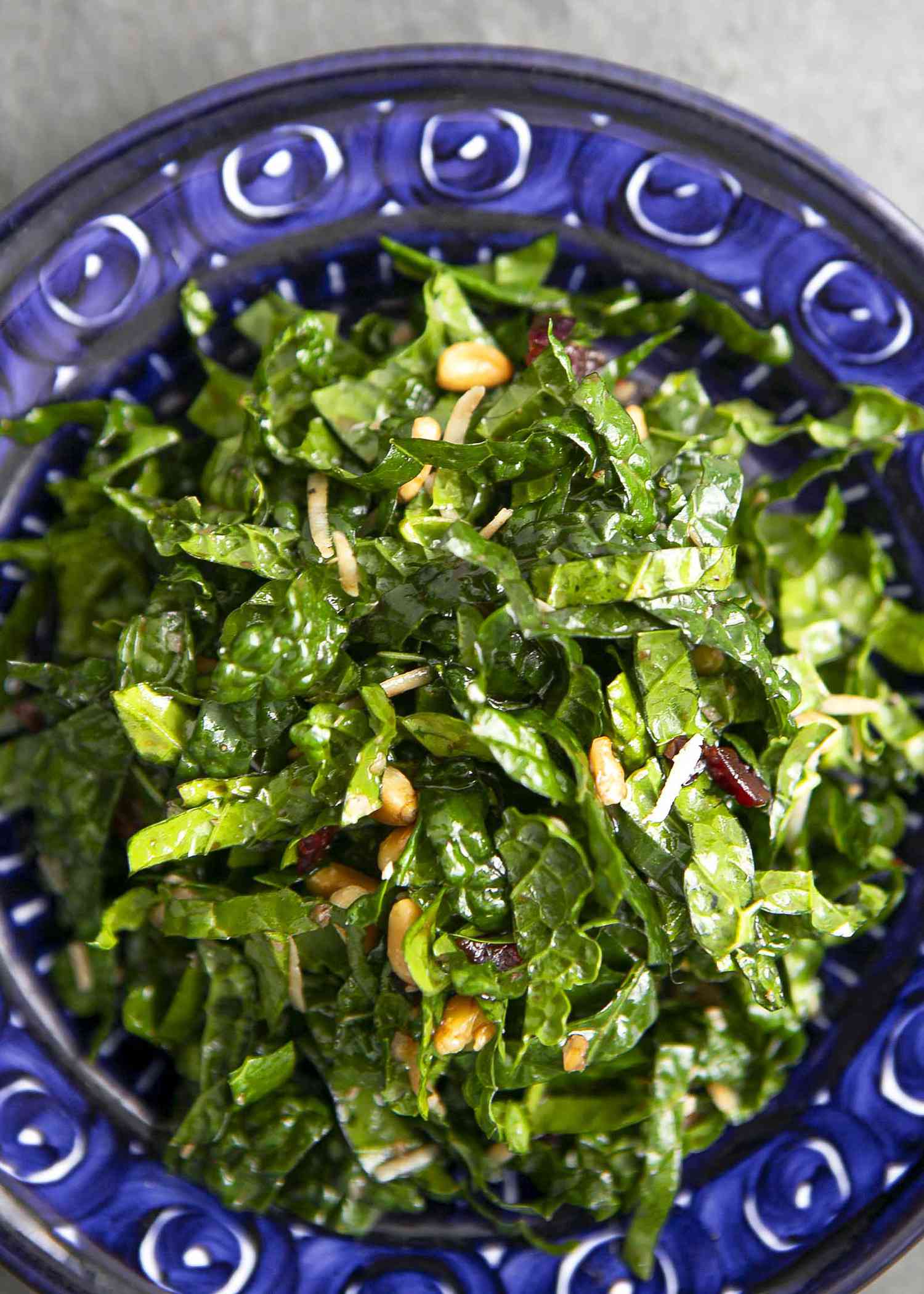 The best kale salad served in a blue bowl