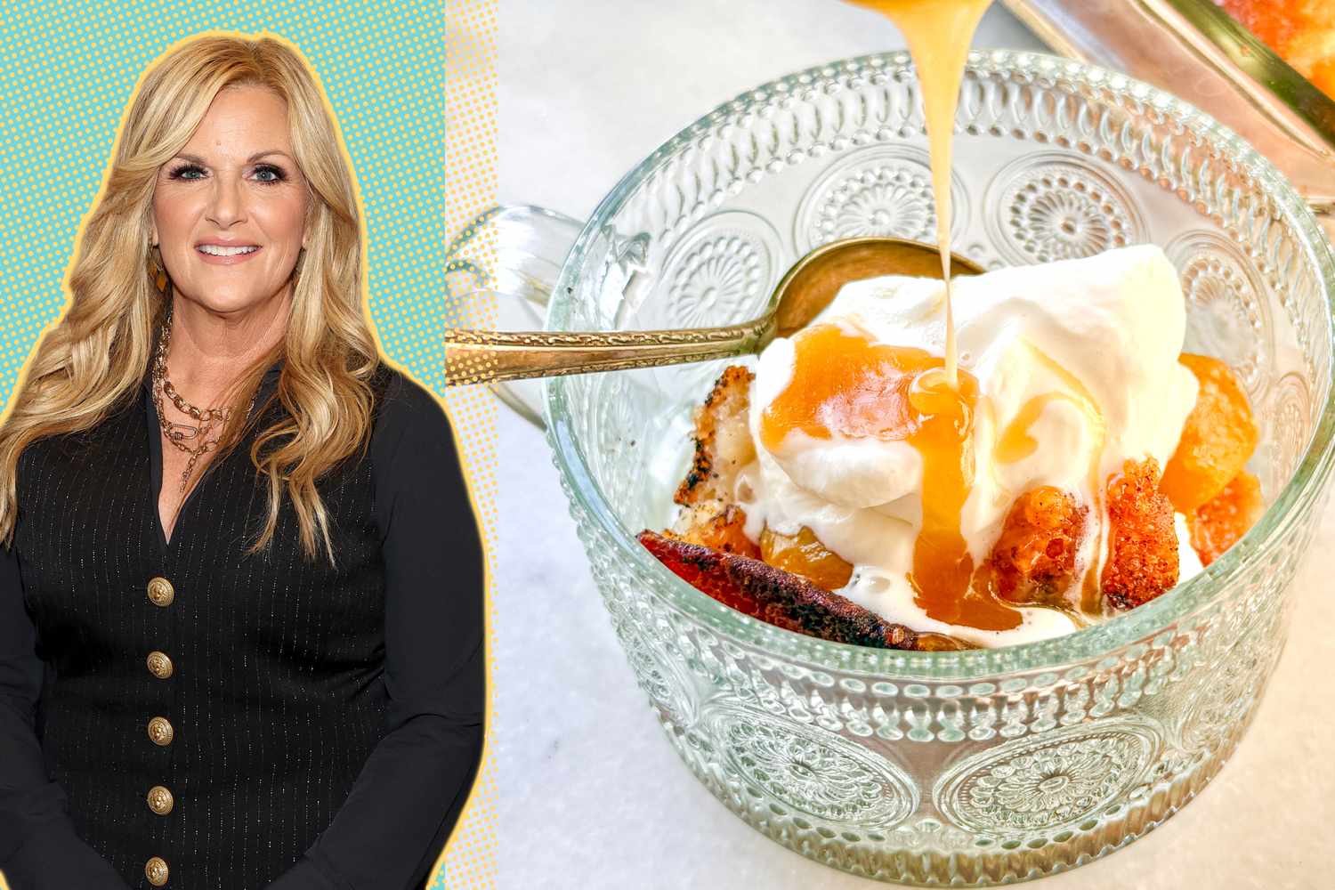 A split image of Trisha Yearwood and a peach cobbler in a glass dish with whipped cream