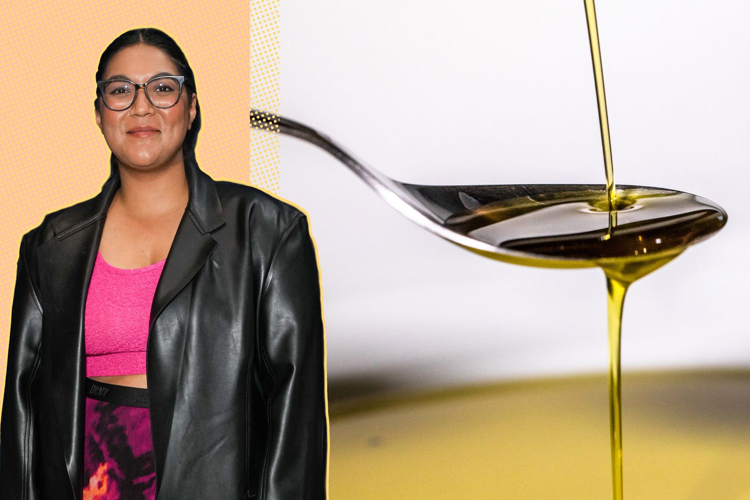 A split image of Sohla El-Waylly and a spoon pouring olive oil