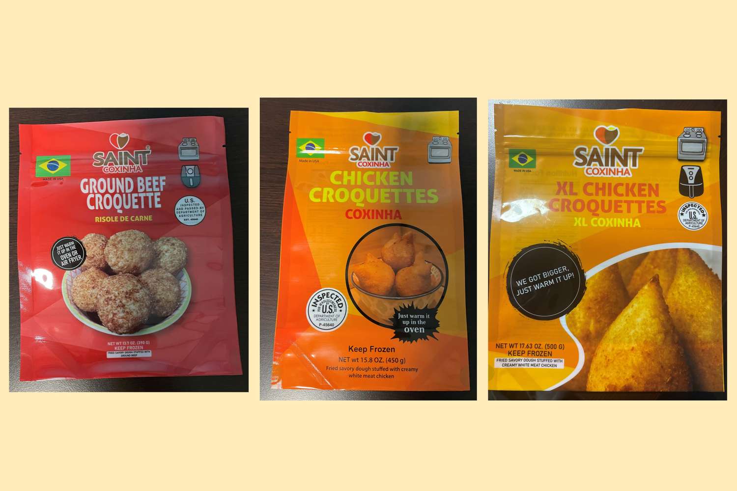 Packages of Saint Croquettes including ground beef chicken and XL chicken varieties