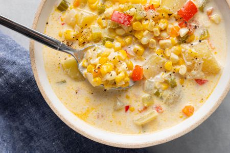 Potato corn chowder recipe with bacon in a bowl