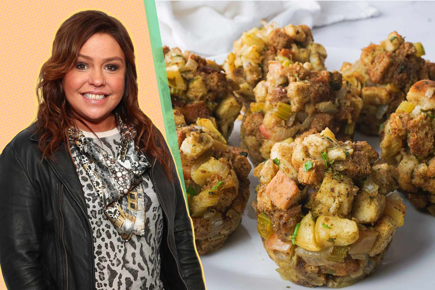 Rachael Ray next to a serving of stuffing muffins