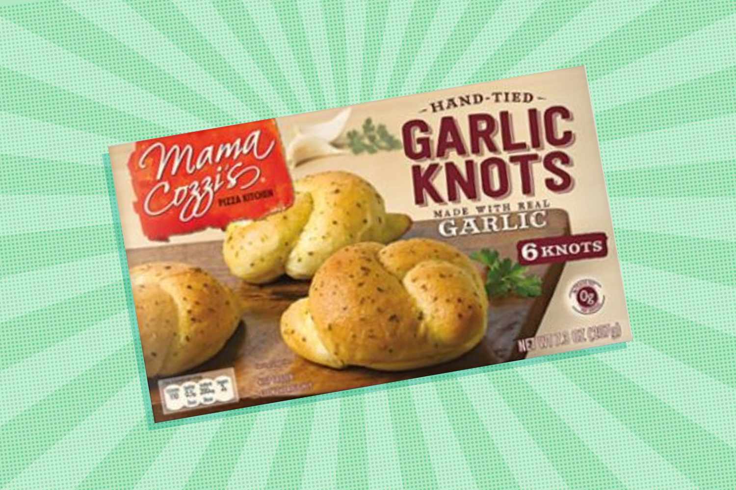 box of Mama Cozzi's Garlic Knots against a graphic backgrouhnd