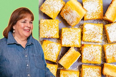 Ina Garten cut-out on a green and yellow background next to a photo fo lemon bars