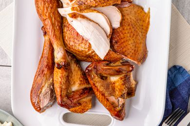 overhead view of roasted turkey pieces on a platter