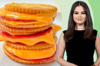 Selena Gomez next to a photo of her midnight snack: Ritz crackers sandwiching pepperoni and cheese