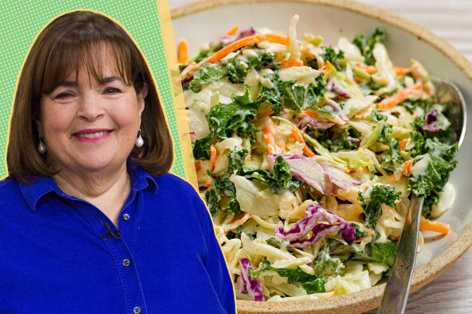 Ina Garten with a bowl of coleslaw featuring various vegetables