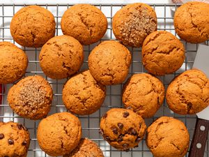 Pumpkin quickies on a cooling rack (some are plain and some were upgraded using demerera sugar and chocolate chips