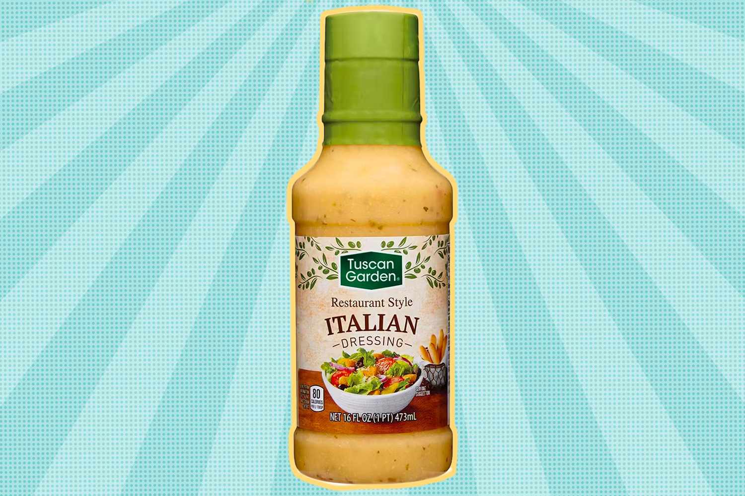 A bottle of Tuscan Garden Italian salad dressing with a green cap on a light blue striped background