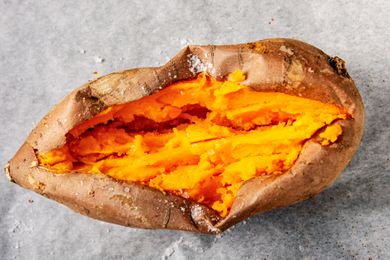 overhead view of sweet potato cut open