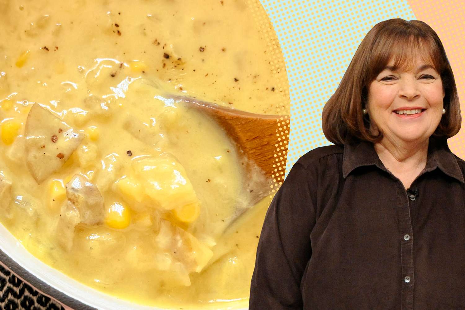 A split image of a closeup of corn chowder and spoon and Ina Garten smiling