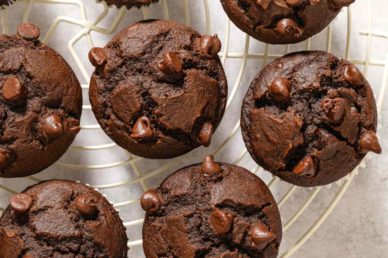 Chocolate muffins topped with chocolate chips cooling on a wire rack
