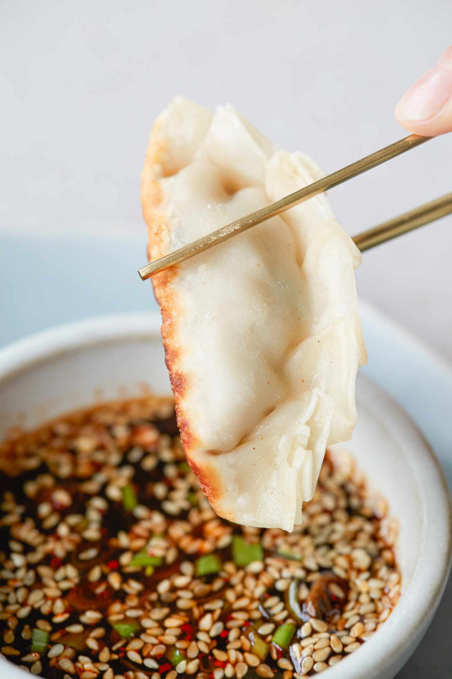 Chopsticks picking up a Korean pork dumpling and holding it over a dipping sauce.