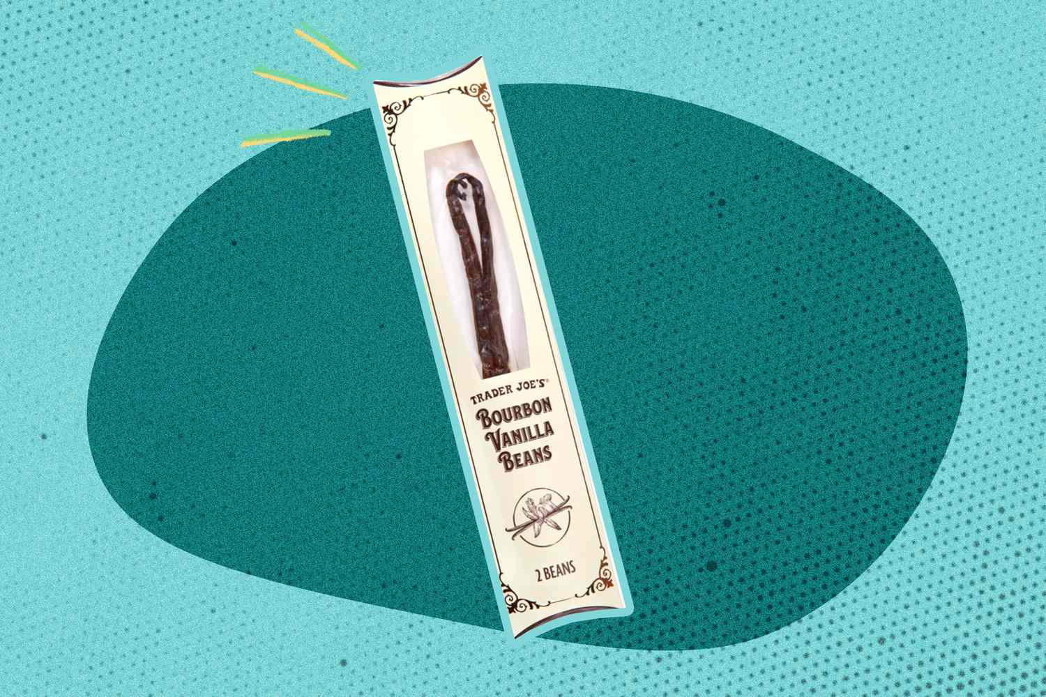 Trader Joe's vanilla bean on a blue illustrated background