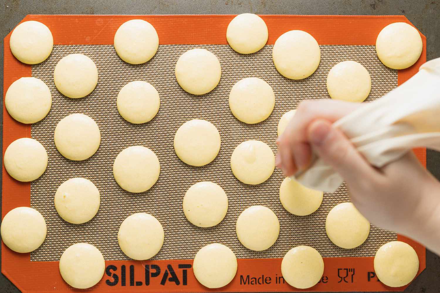 Piping the shells for French macarons filled with lemon buttercream.