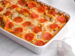 Penne and pepperoni casserole side view.