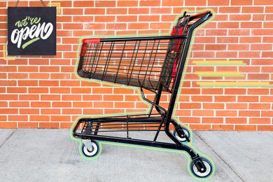 Photo of a shopping cart on the side walk with photo illustrations outlining the shopping cart
