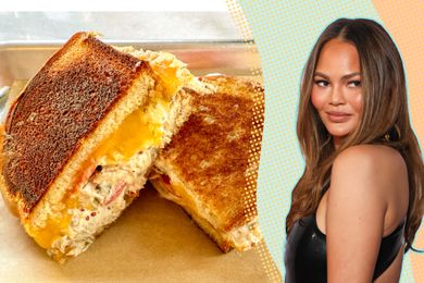Photo of Chrissy Tiegen wearing a shiny black sleeveless top next to a photo of a well-browned tuna melt with cheese oozing out
