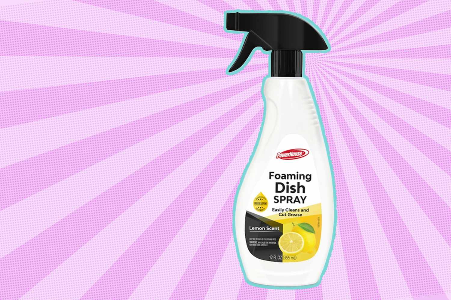 A spray bottle labeled Foaming Dish Spray Lemon Scent on a pink background