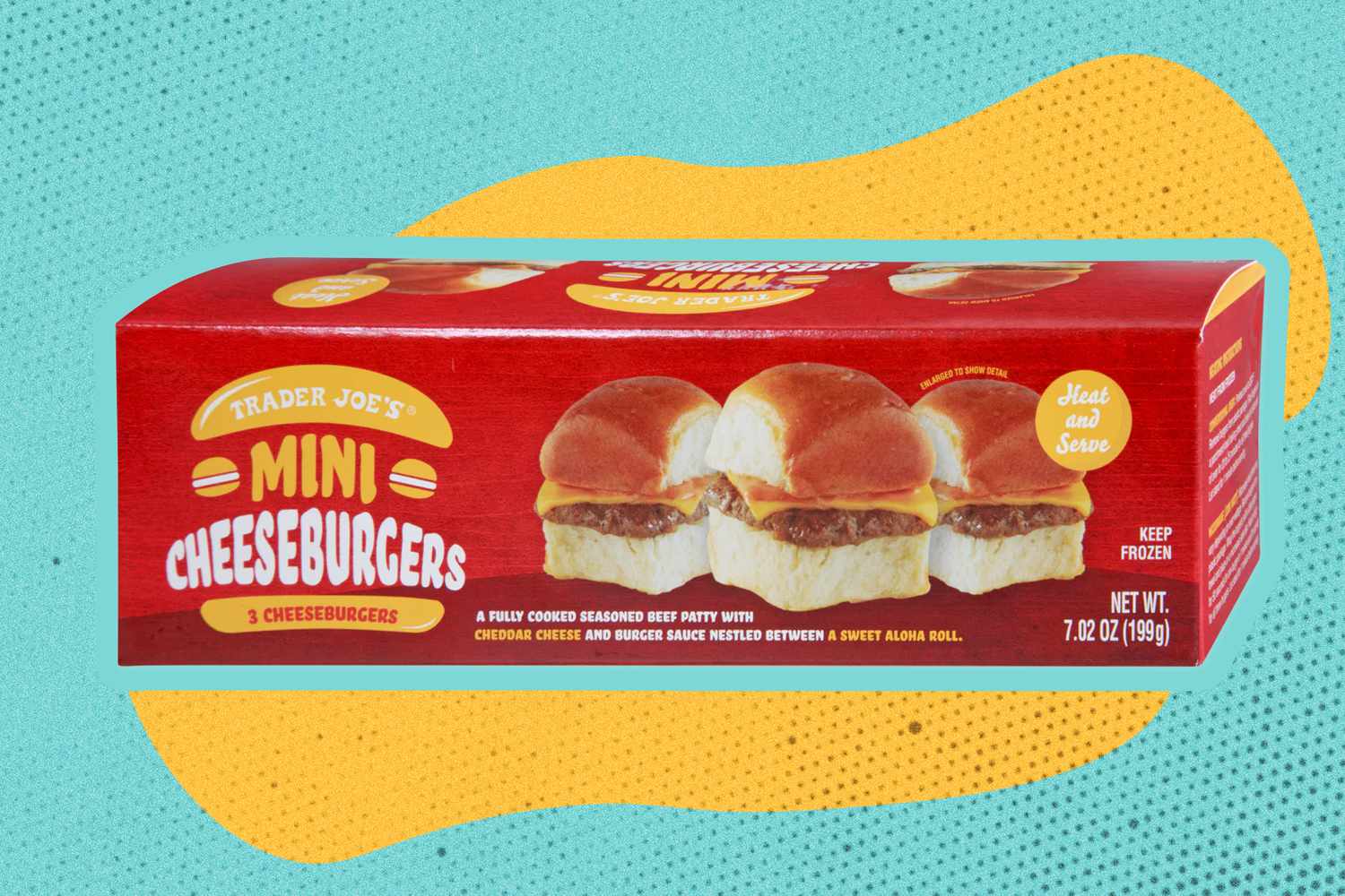 Trader Joe's Mini Cheeseburgers on a yellow and blue color blob background