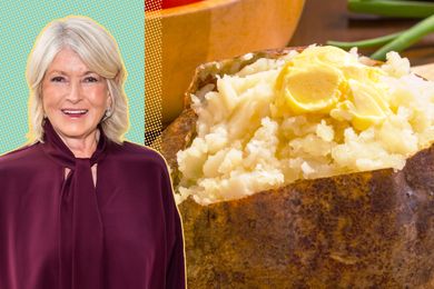Martha Stewart beside a baked potato with butter garnish