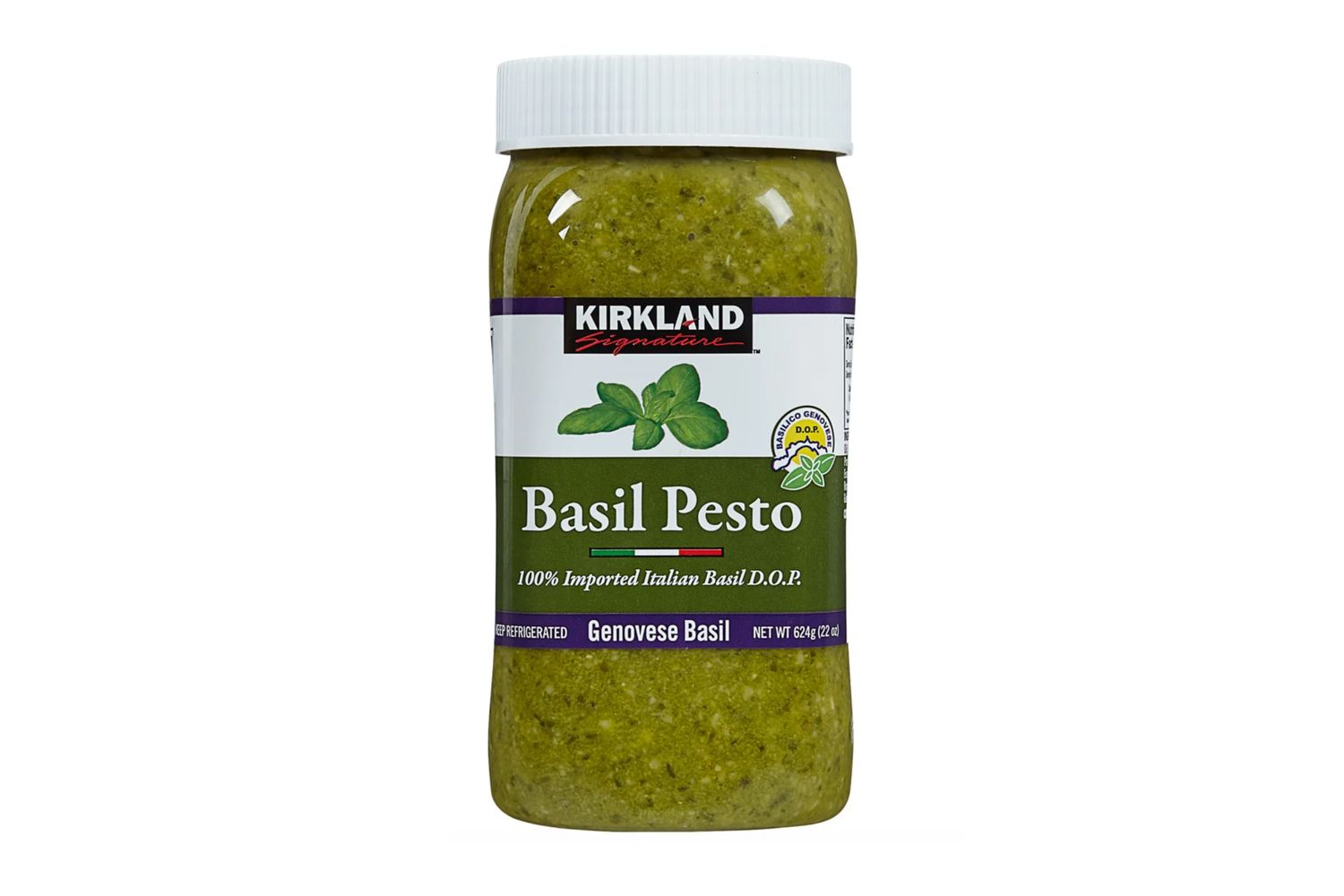 A jar of Kirkland Signature Basil Pesto with Genovese basil