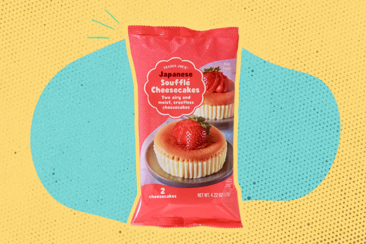Trader Joe's Japanese Souffle Cheesecakes package over a colorful background