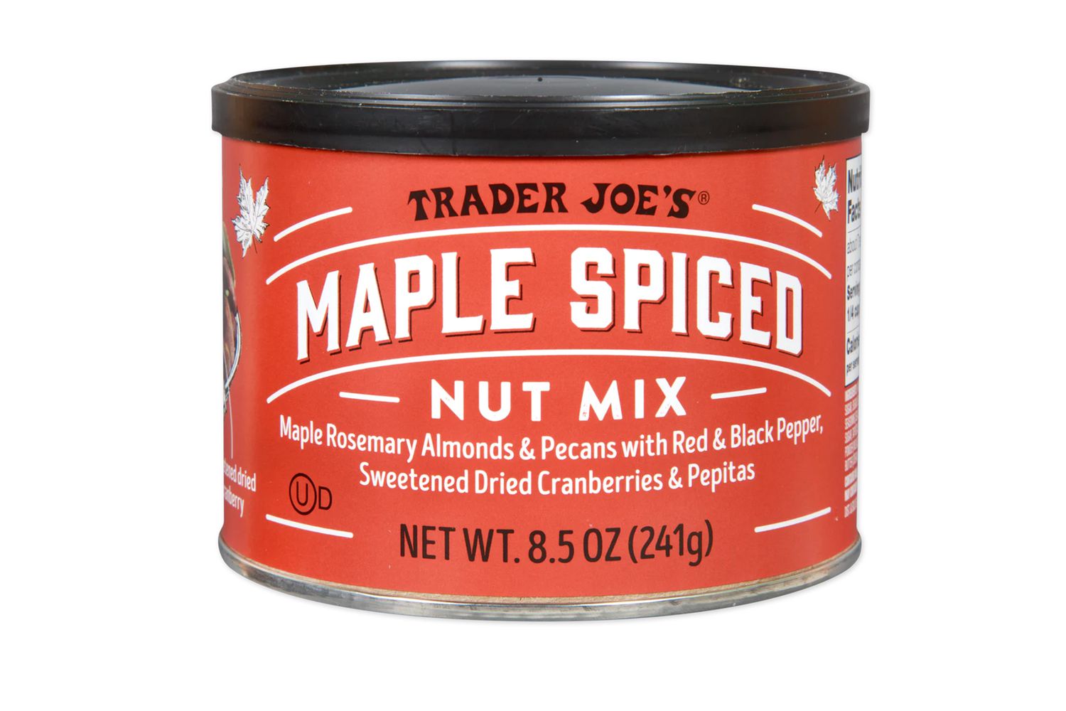 Canister of Trader Joe's Maple Spiced Nut Mix