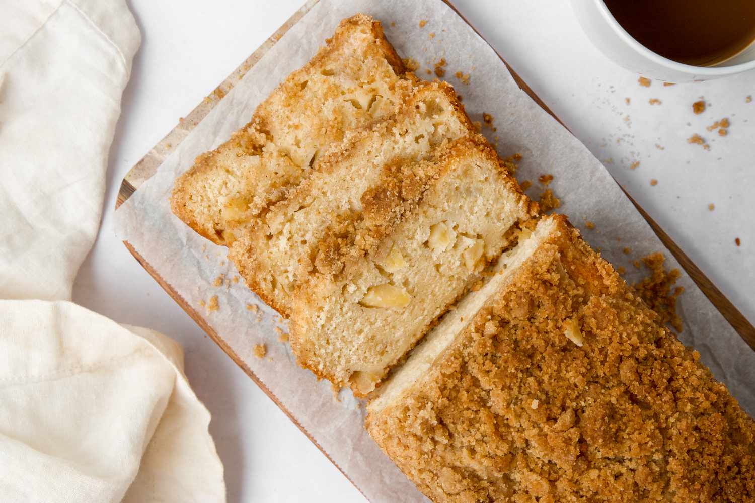 Overhead view of apple bread with streusel.