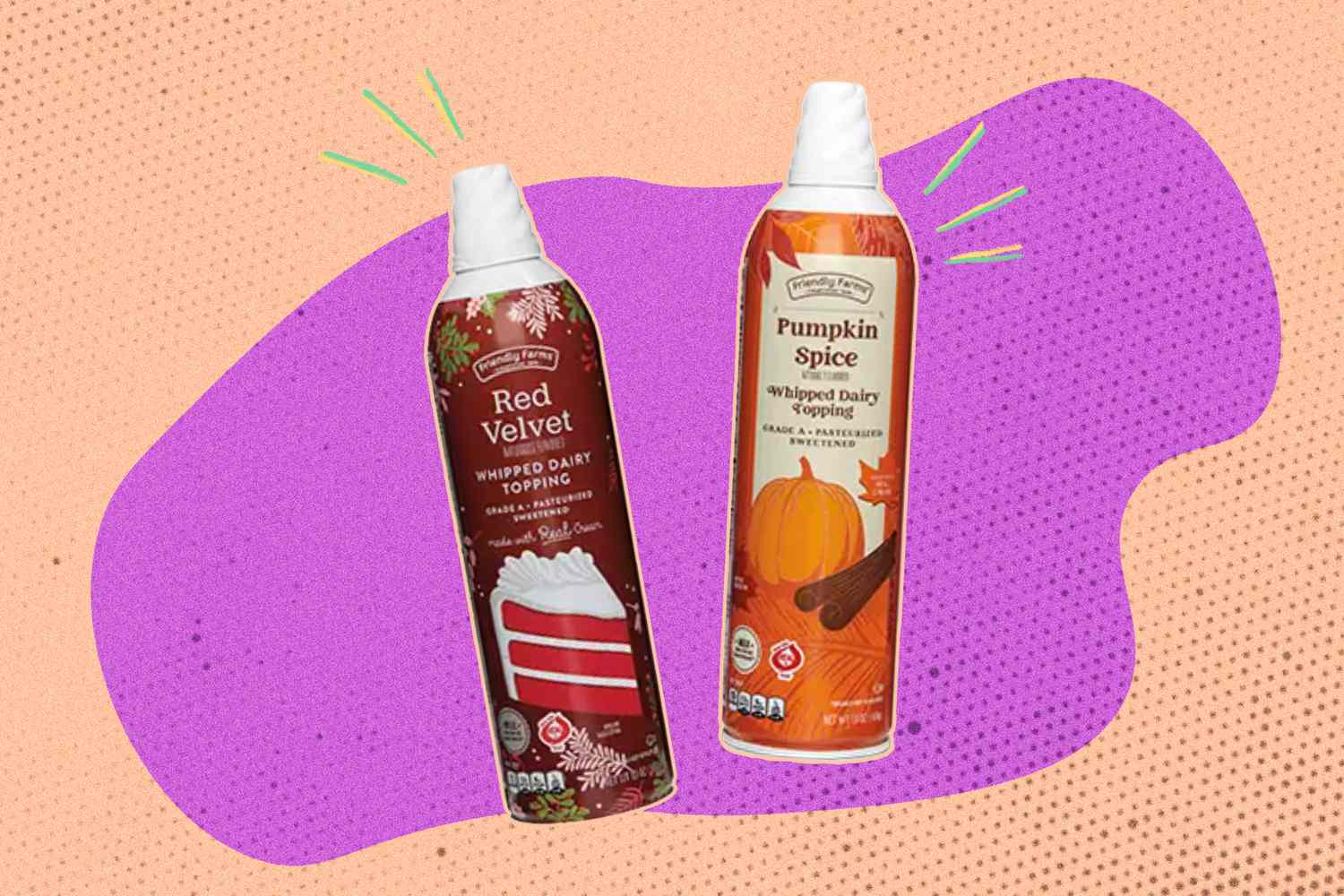 Aldi Red Velvet and Pumpkin Spice canned whipped toppings against a graphic background